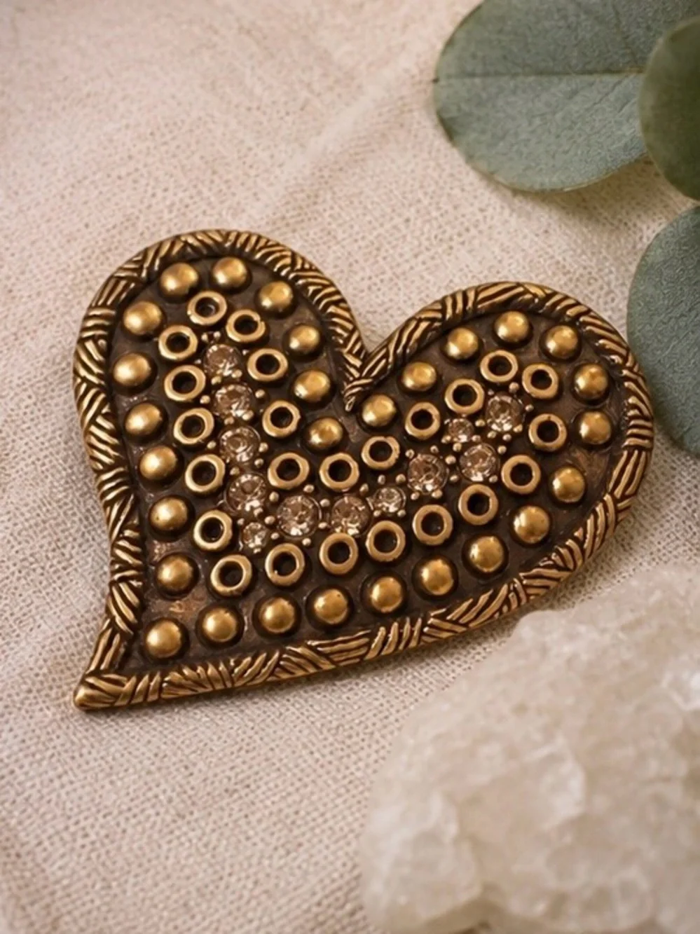 Chico’s Jeweled Heart Brooch | Gold Tone Studded Statement Pin (2”)